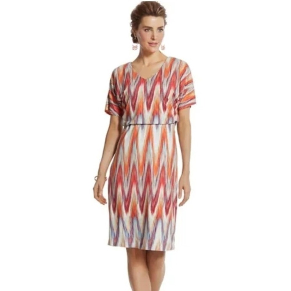 Chicos Plus Size 3 Ikat Multi Diamond Midi Dress‎ Orange Blue Cream Women's